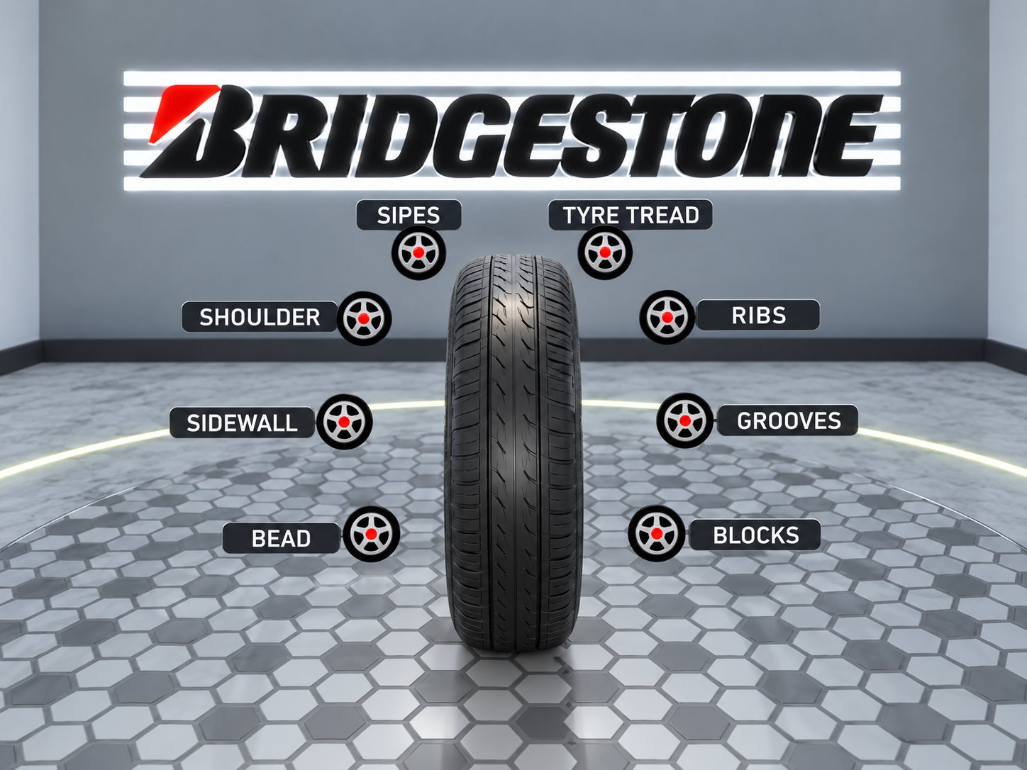 Interactive labels on the parts of a tyre