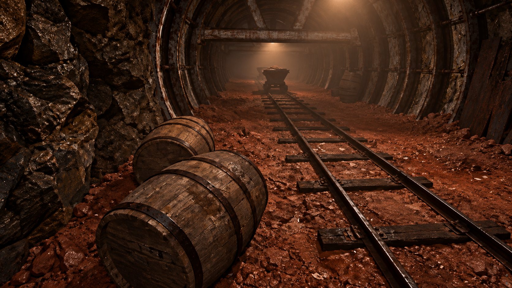 Rail tracks and barrels underground
